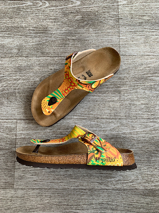Papillio Green & Yellow Print Cork Thong Sandals UK5
