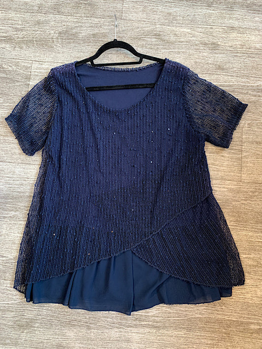 Unknown Navy Mesh Top with Sequins UK18