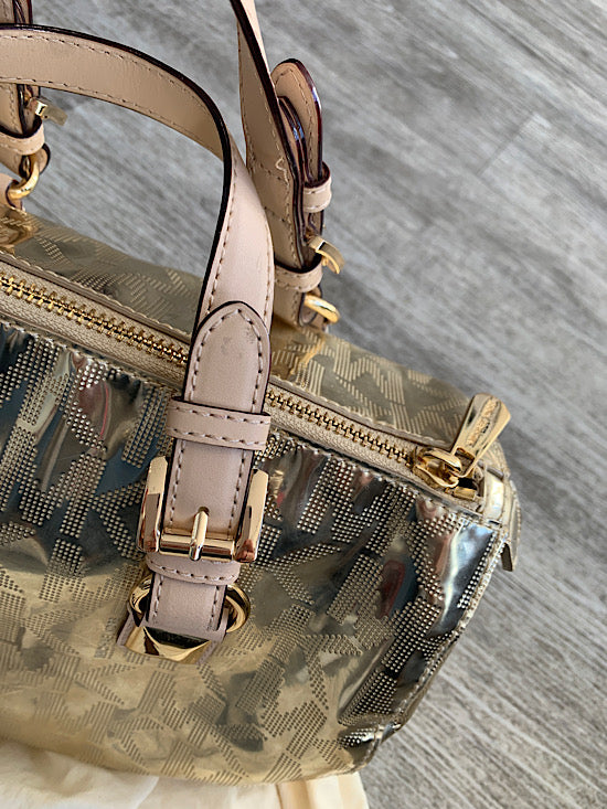 Michael Kors Gold Metallic Monogram Bowler Handbag