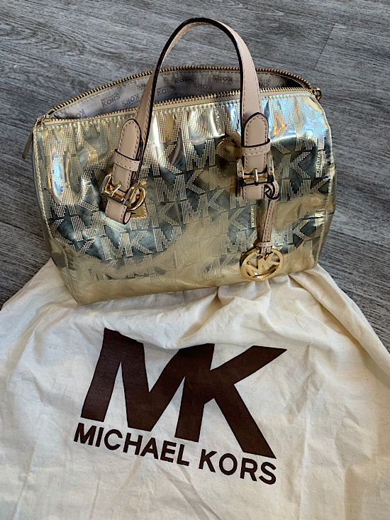 Michael Kors Gold Metallic Monogram Bowler Handbag