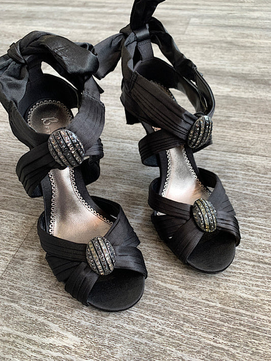 Bourne Black Pleated Detail Satin Sandals With Jewel Detail UK4