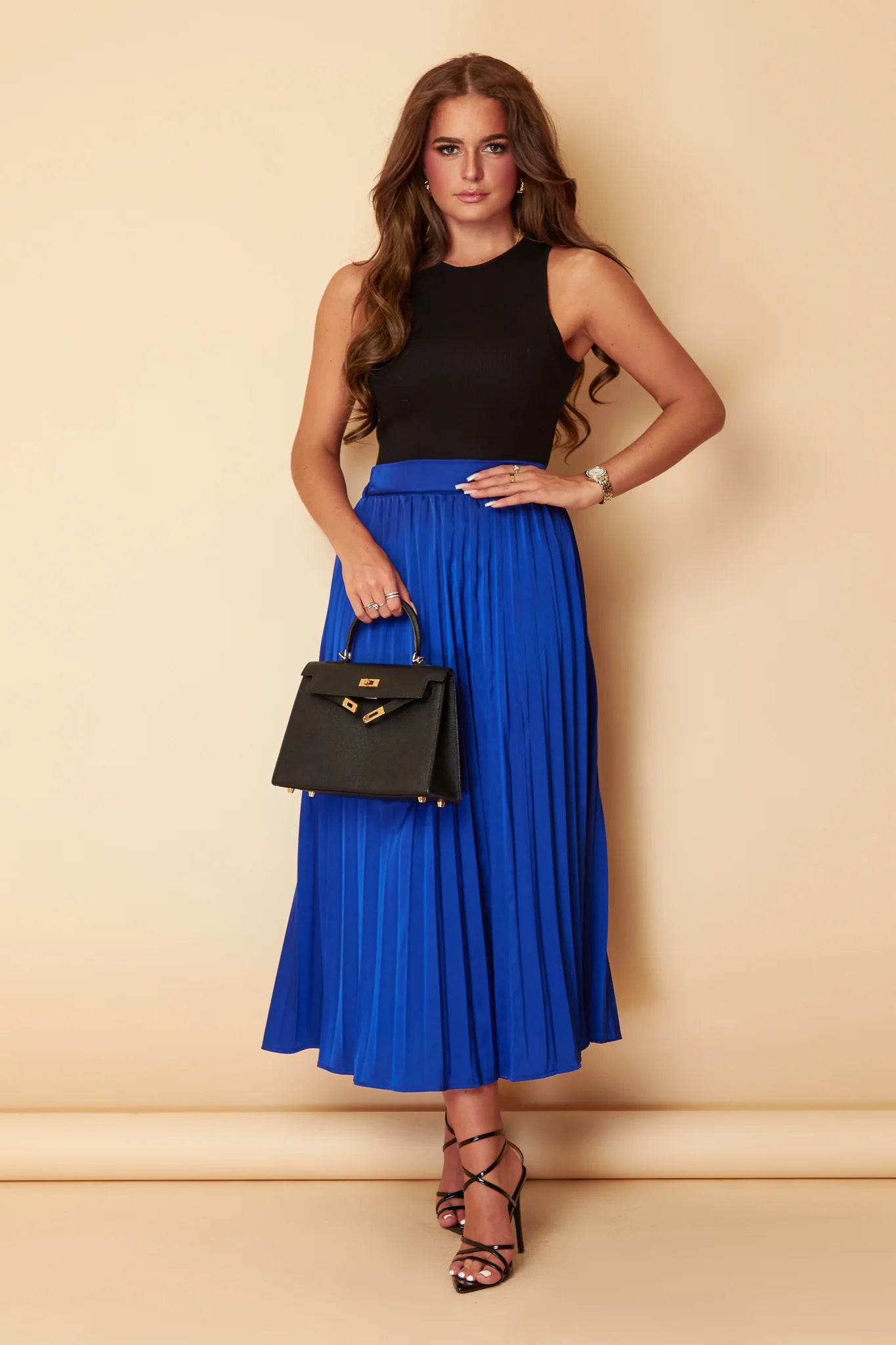 Priya Cobalt Satin Pleated Midi Skirt UK10